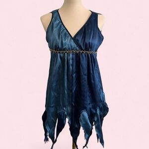 Y2K navy blue satin fairy babydoll top with gold chain & fringe hem Small